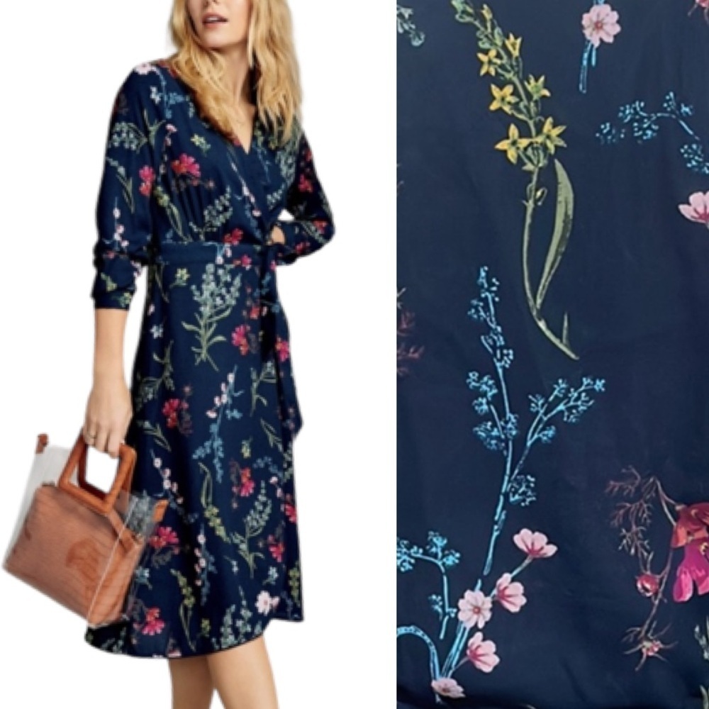 Floral modest navy wrap midi dress L